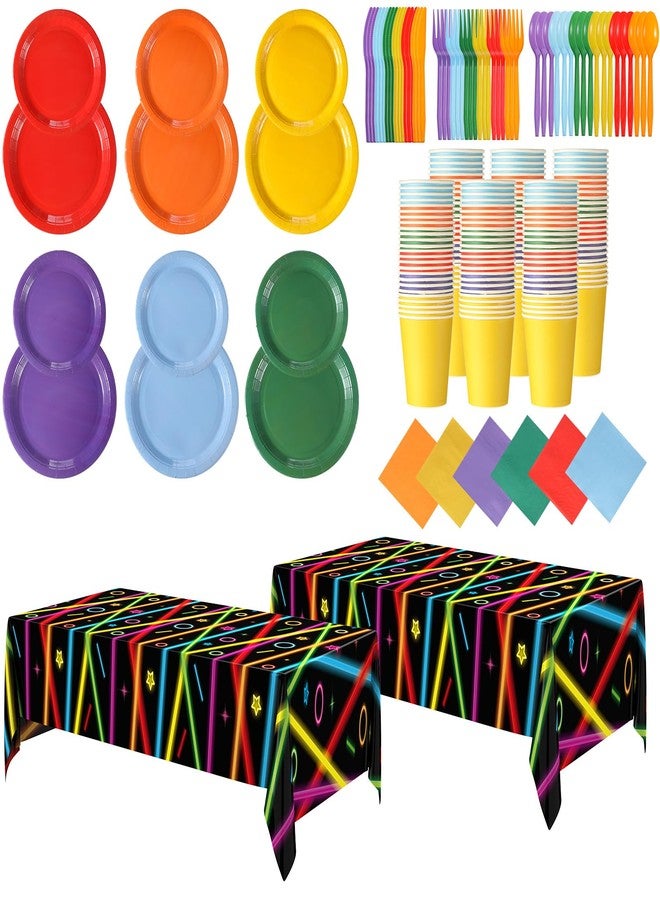 اودين مجموعة زينة حفلات أعياد الميلاد من أودين، ٢٠٦ قطعة، بإضاءة نيون، تكفي ٢٤ شخصًا، لوازم حفلات تتوهج في الظلام، مفرشان للطاولة، أطباق مقاس ٧ و٩ بوصات، طقم أدوات مائدة بألوان قوس قزح، هدايا مثالية لحفلات أعياد الميلاد والمهرجانات. - Image 1